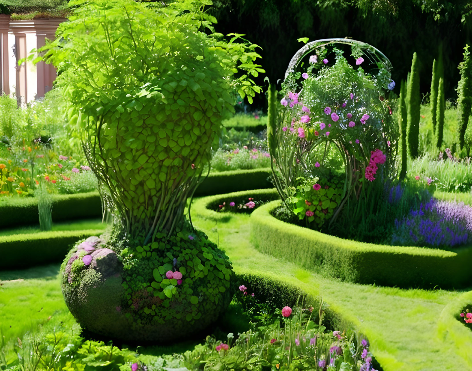 Whimsical garden with topiary sculptures and lush greenery