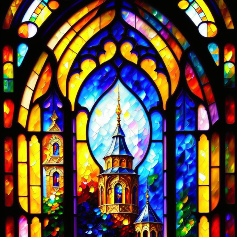 Colorful Stained Glass Window Featuring Architectural Towers