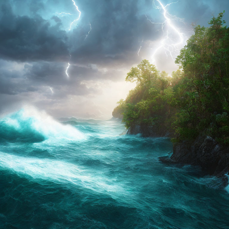 Stormy Sea with Towering Waves by Forested Cliff