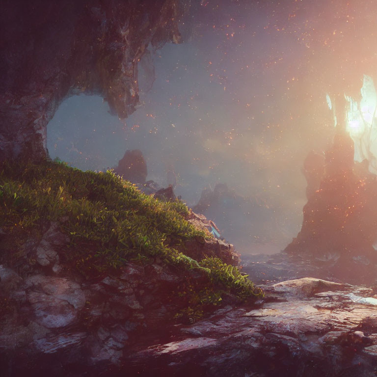 Mystical cave with grassy ledge, glowing lights, and floating particles
