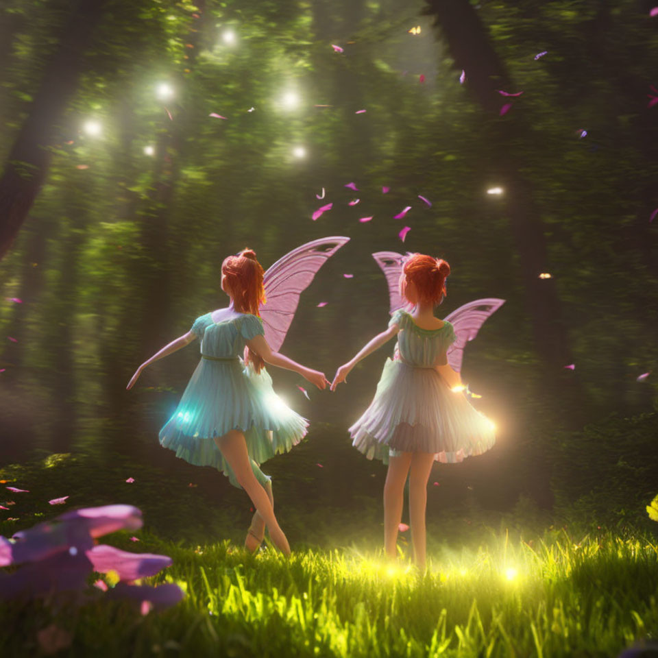 Translucent-winged fairies in sunlit forest with petals and orbs