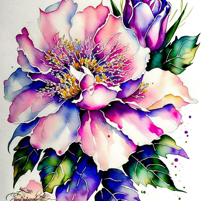 Colorful Watercolor Painting of Pink Flower with Purple and Yellow Accents