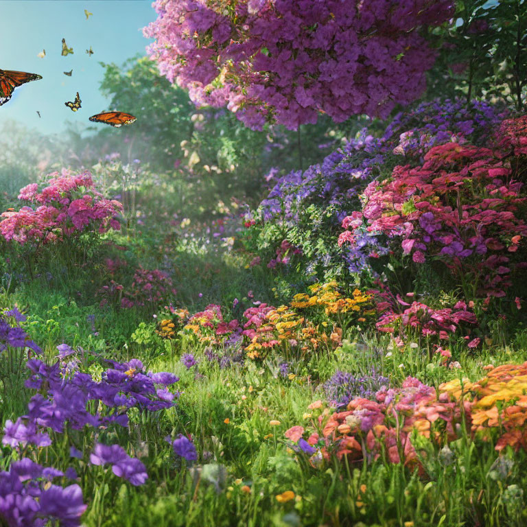 Colorful Garden with Flowers and Butterflies in Sunlight