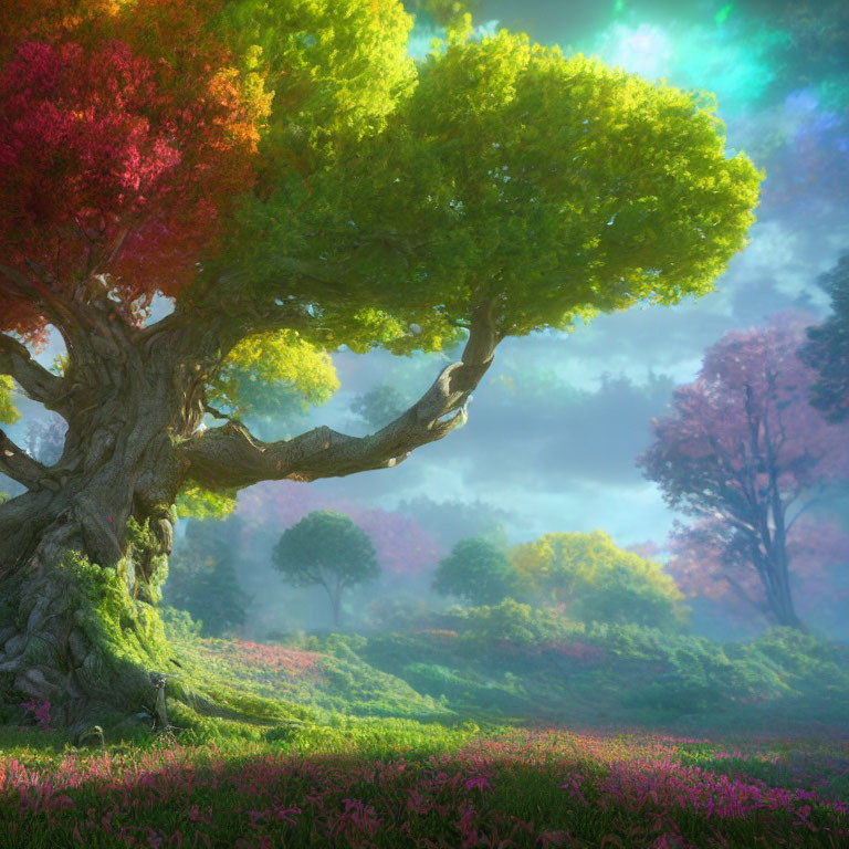 Colorful whimsical tree in sunlit forest clearing with pink blossoms