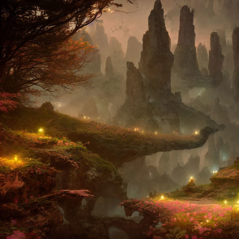 Enchanting forest with glowing lights, rock spires, arch bridge, and pink flora