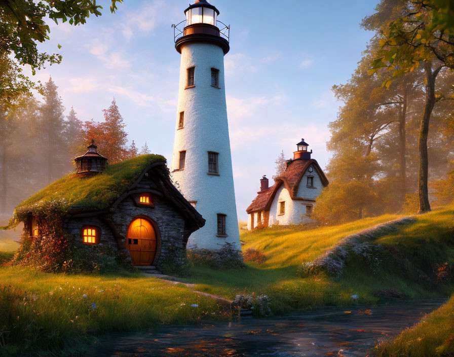 Idyllic lighthouse with thatched cottage in lush greenery