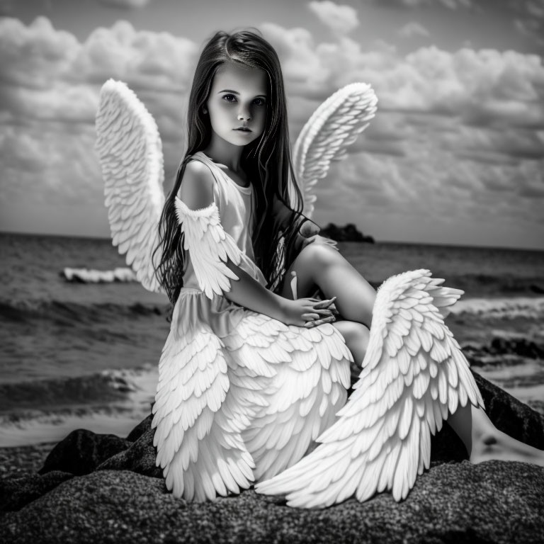 Monochrome photo: Young girl with angel wings by the sea