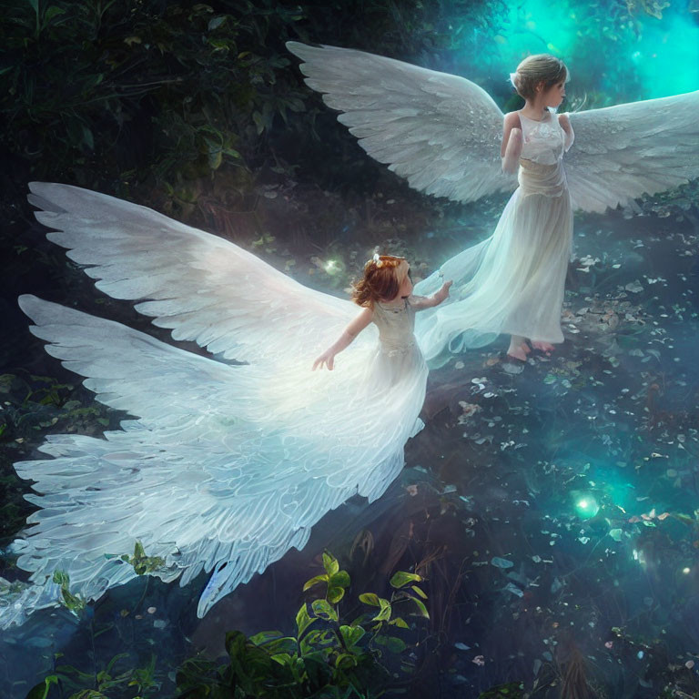 Mystical forest scene: Two angelic beings with large white wings holding hands