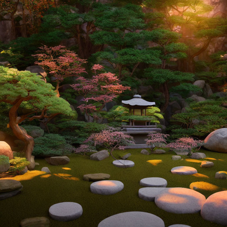 Tranquil Japanese garden with stone path, pagoda, cherry blossoms
