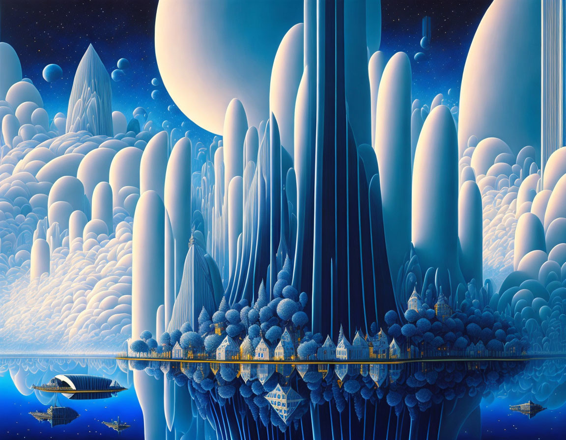 Fantastical landscape with towering spires and celestial bodies reflected in calm waters