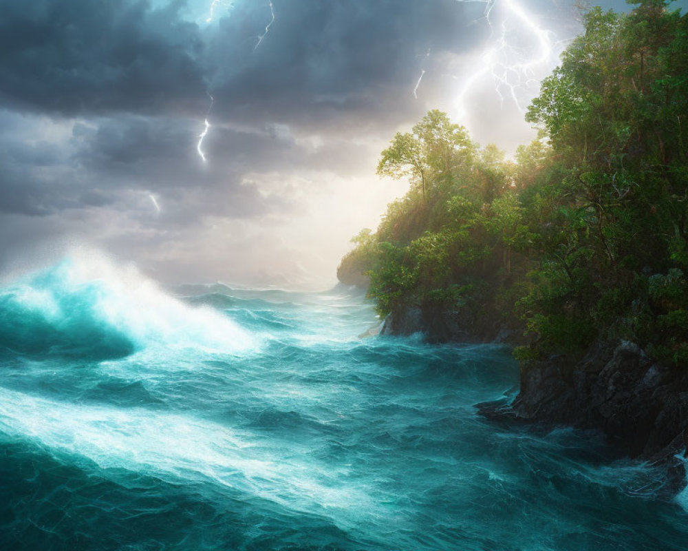 Stormy Sea with Towering Waves by Forested Cliff