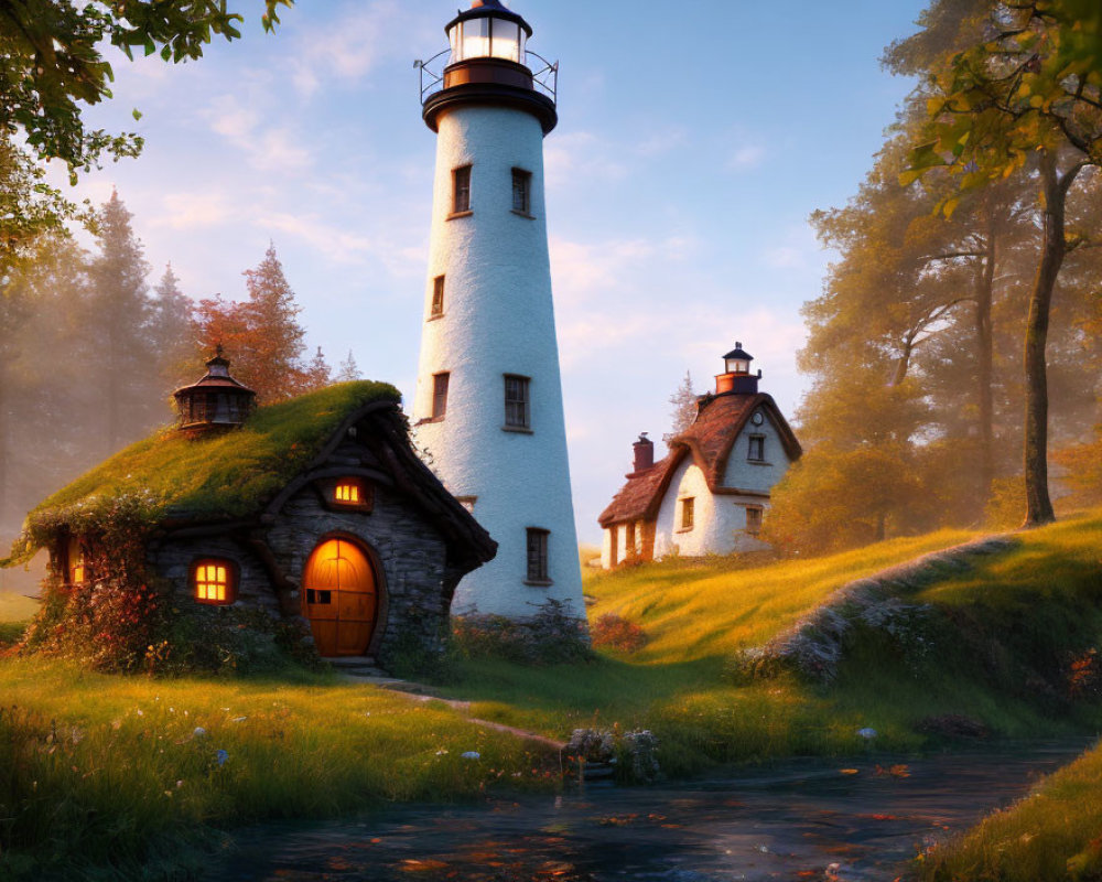 Idyllic lighthouse with thatched cottage in lush greenery