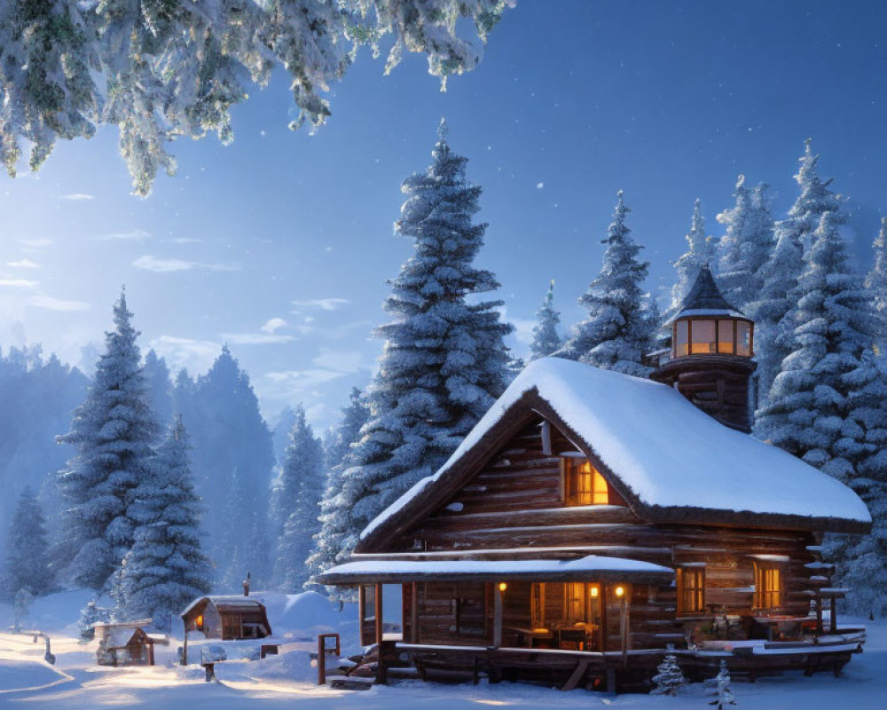 Snow-covered log cabin surrounded by pine trees at twilight