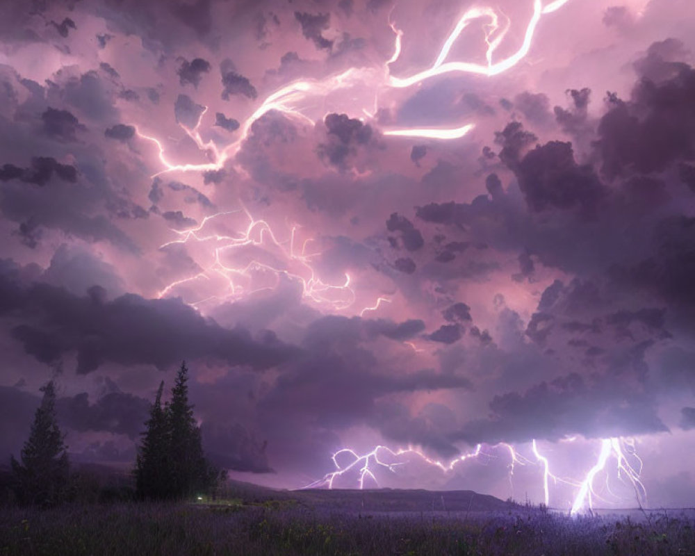 Purple Skies with Lightning Bolts Over Meadow