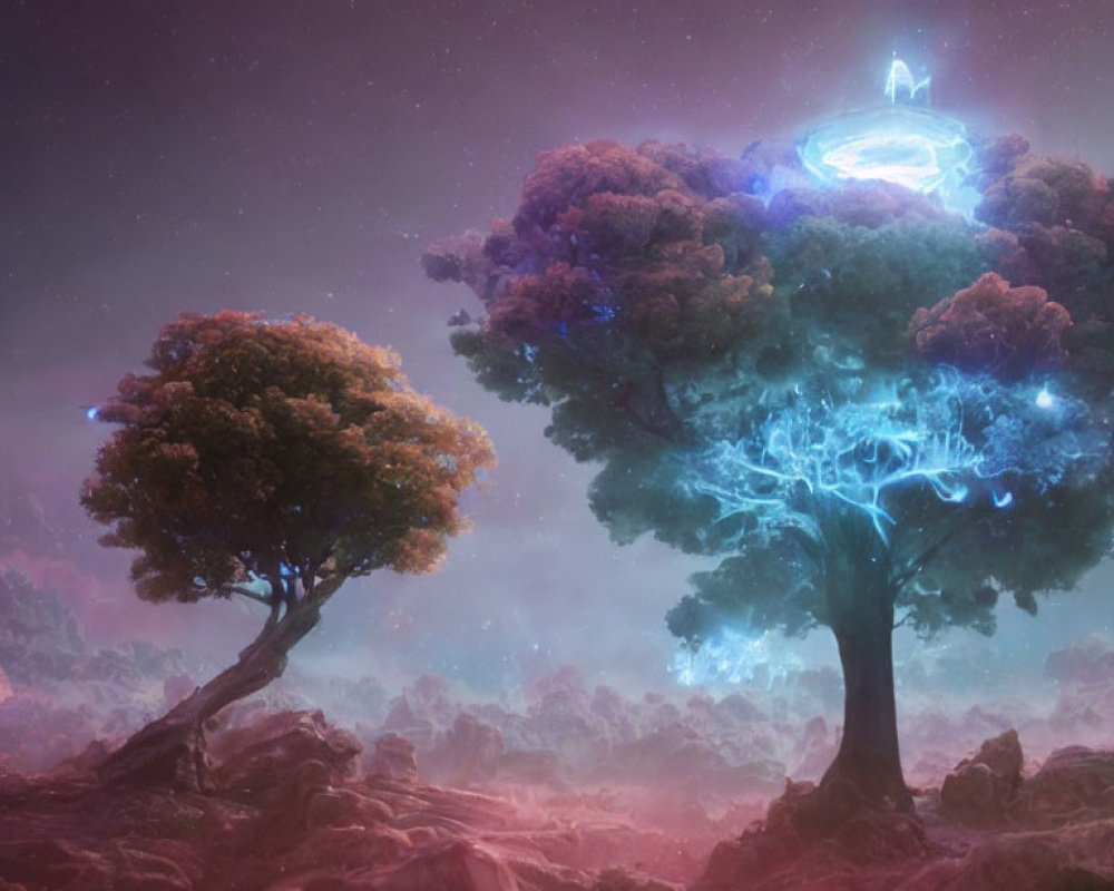 Mystical landscape with glowing trees and ethereal figure