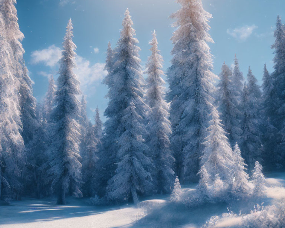 Snow-covered pine trees under clear blue sky in soft sunlight