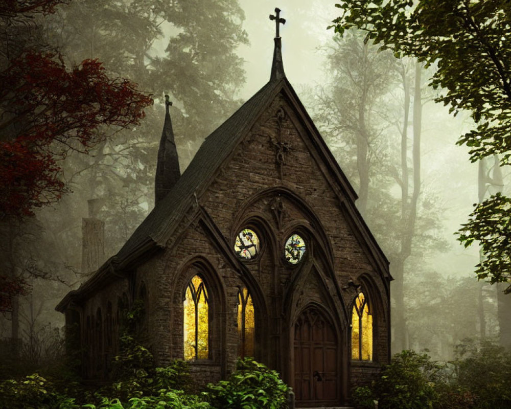 Chapel with Stained Glass Windows in Misty Forest