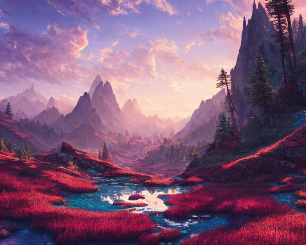 Colorful landscape with pink grass, river, and mountains under purple sky