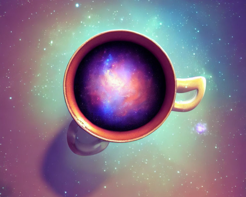 Cosmic scene in a coffee mug against starry background