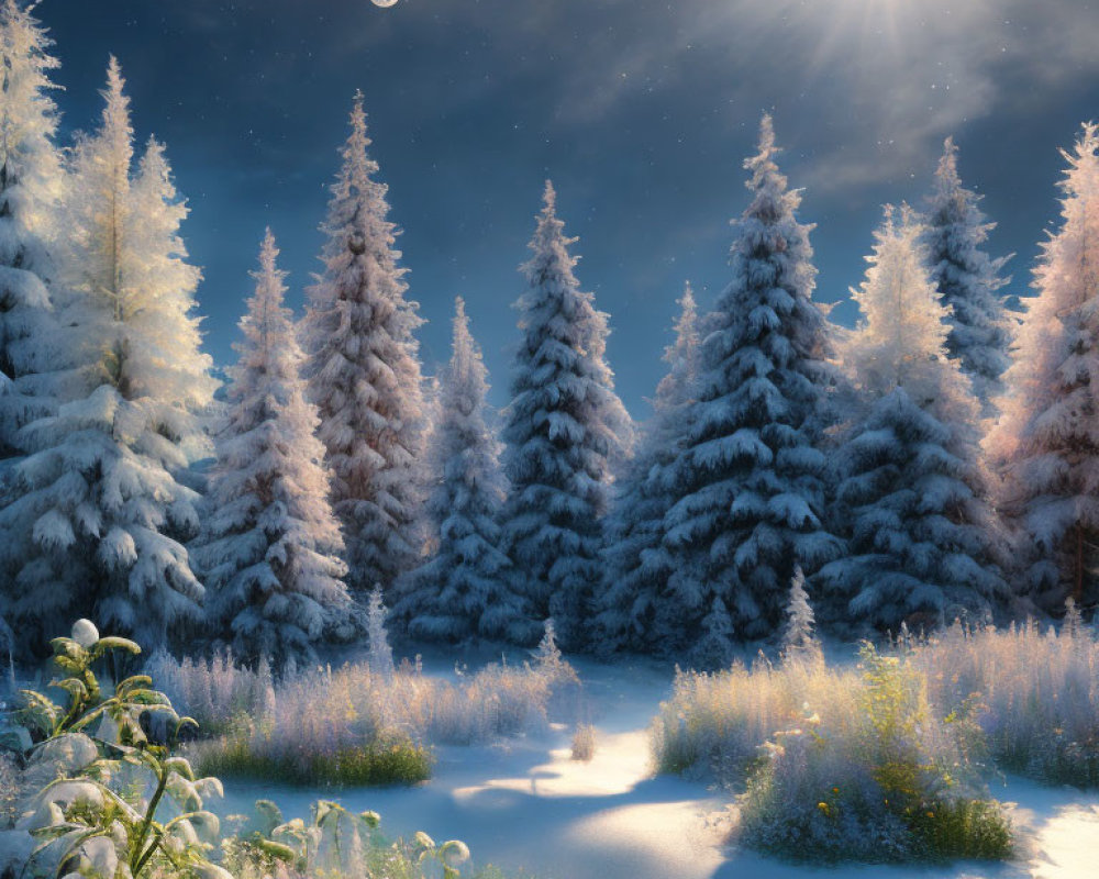 Winter scene: Snow-covered trees, bright sun, two moons, clear sky, fresh snow.