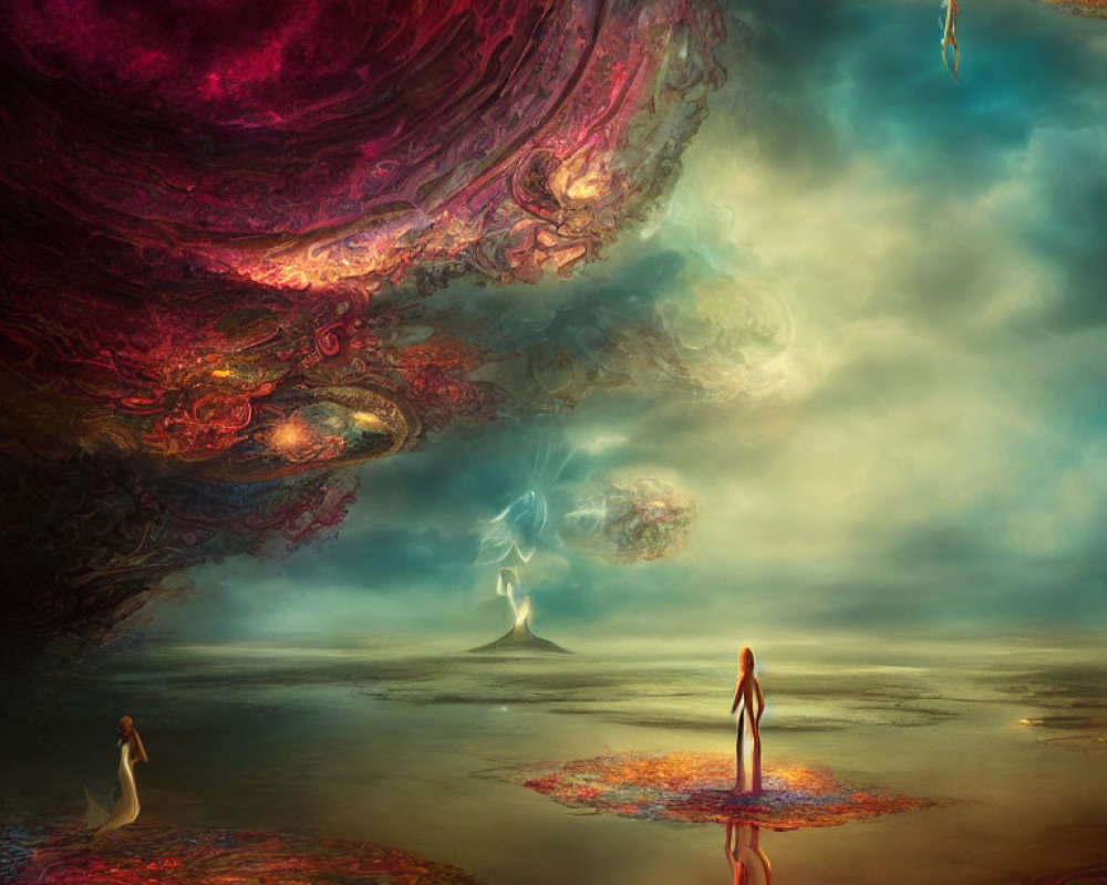 Surreal landscape with ethereal figures, vivid clouds, colorful patterns, and small smoking volcano