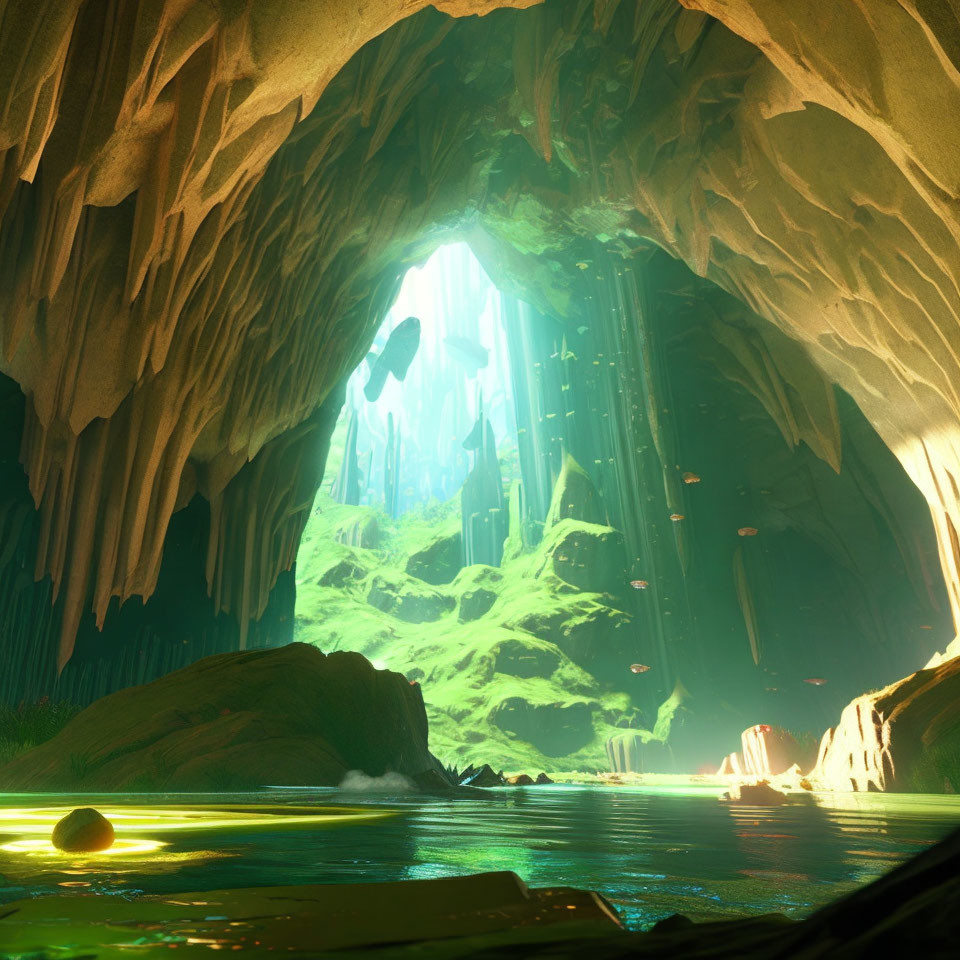 Ethereal Subterranean Landscape with Radiant Green Glow