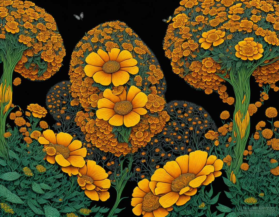 Detailed digital artwork: Golden-yellow flowers, intricate petals, dark background, green foliage, solitary butterfly