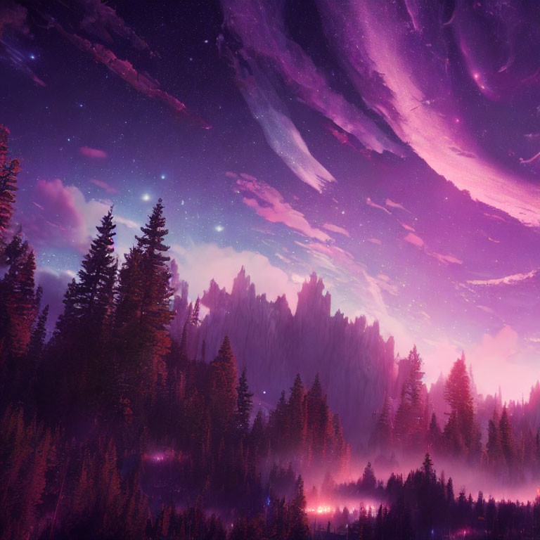Surreal purple twilight sky over dark pine forest and mountain peaks