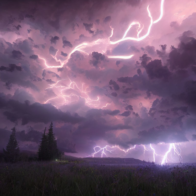 Purple Skies with Lightning Bolts Over Meadow