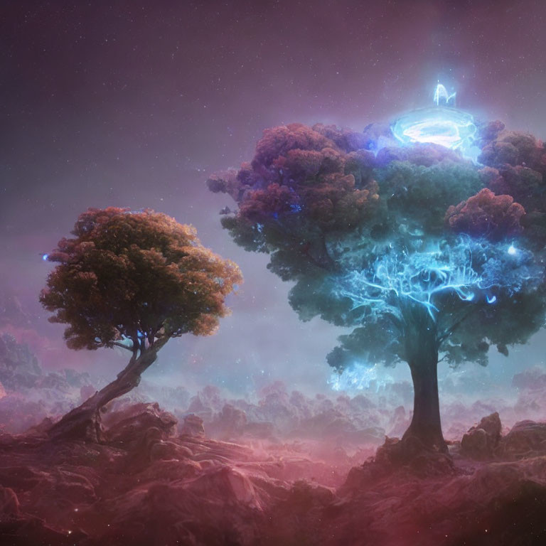 Mystical landscape with glowing trees and ethereal figure