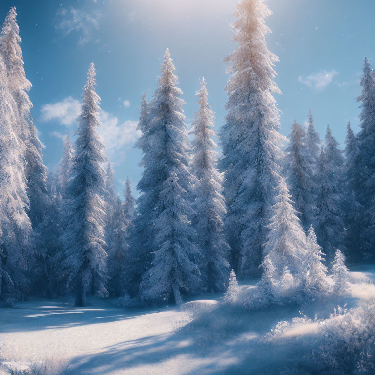 Snow-covered pine trees under clear blue sky in soft sunlight