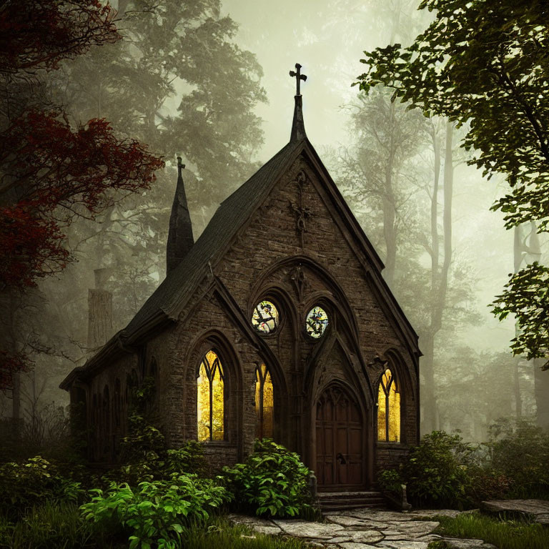 Chapel with Stained Glass Windows in Misty Forest