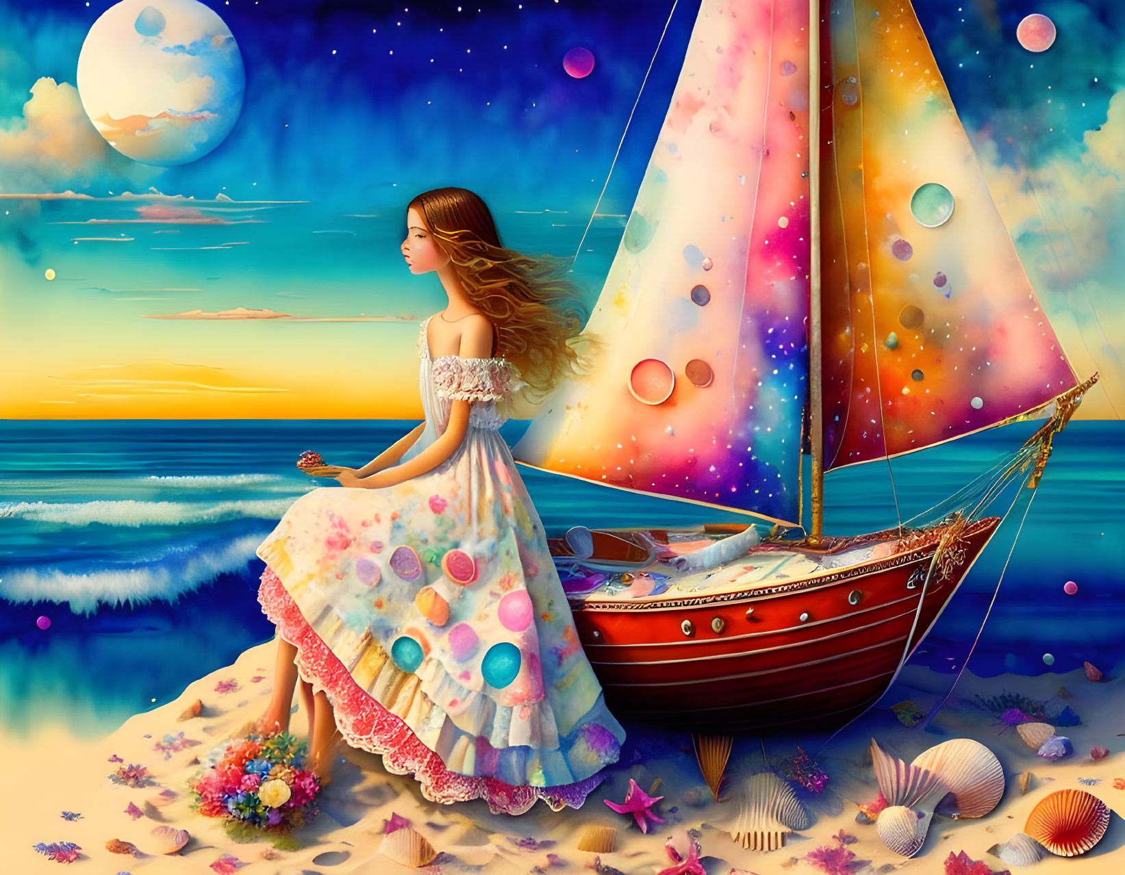 Woman in vibrant gown by magical sailboat on shore with colorful sky, planets, and bubbles blending sea