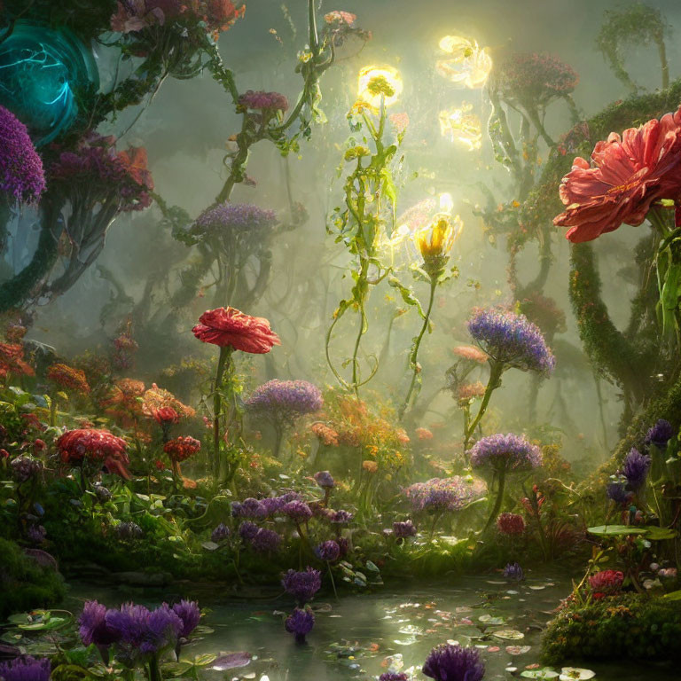 Enchanting forest scene with vibrant flowers, glowing orb, and floating lights