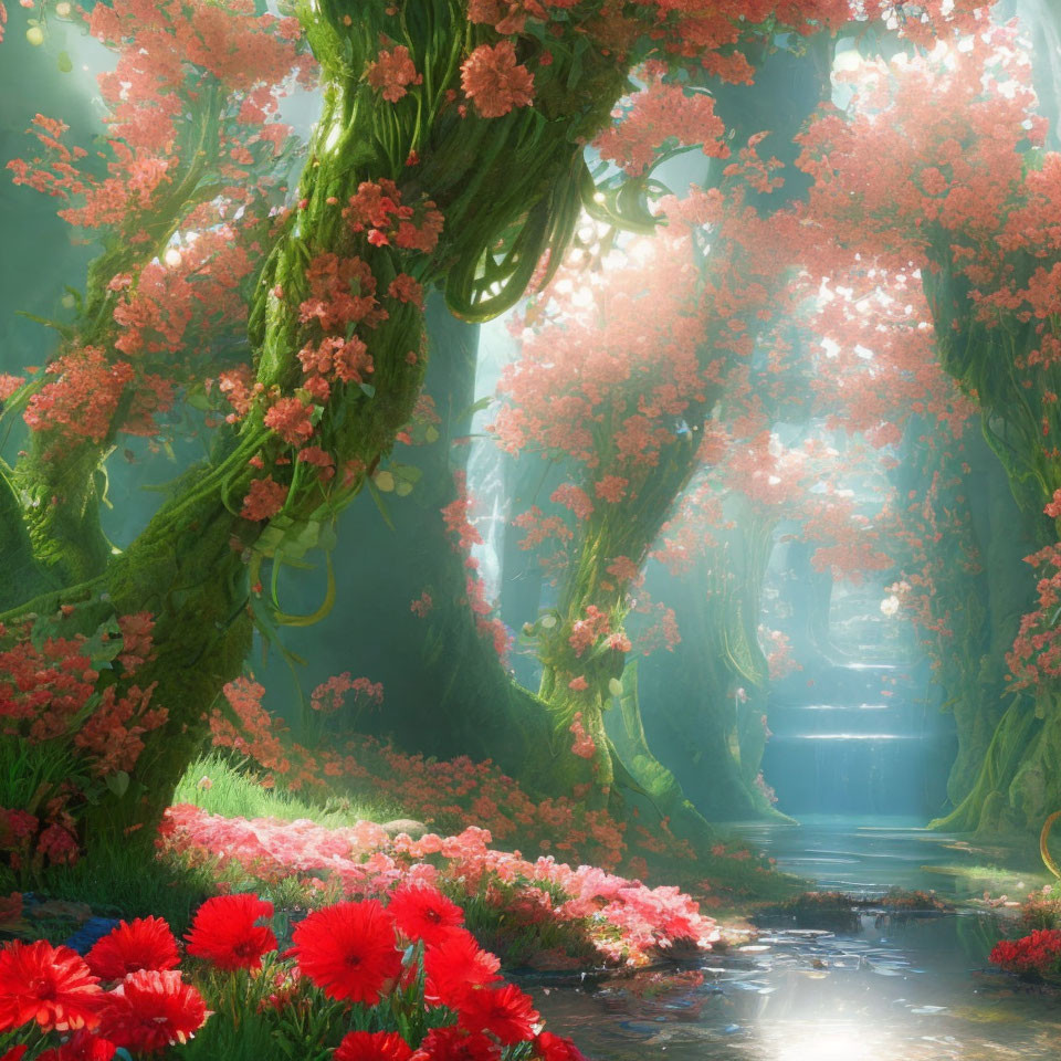 Sunlit forest with moss-covered trees, pink blossoms, stream, and soft light.