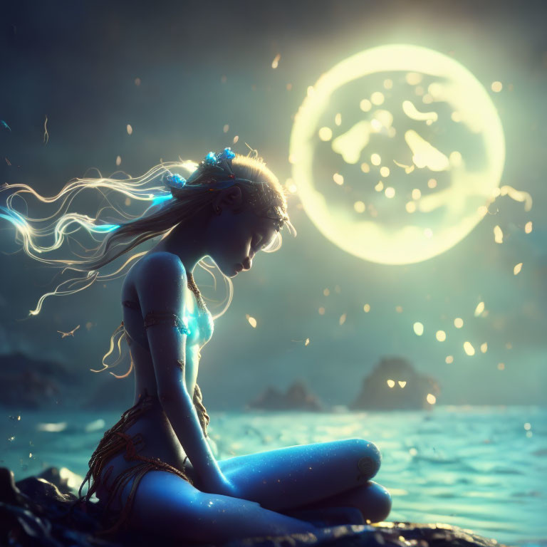 Glowing ethereal woman by the sea under a large moon