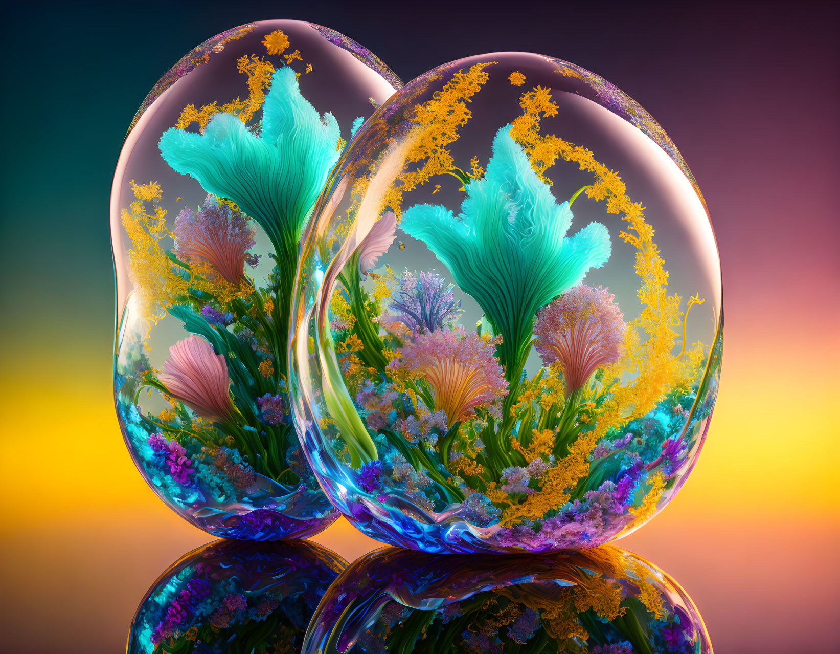 Colorful coral reef digital artwork with glass orbs on gradient background