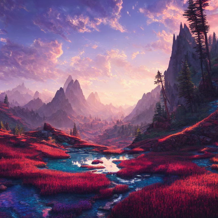 Colorful landscape with pink grass, river, and mountains under purple sky