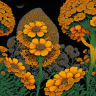 Detailed digital artwork: Golden-yellow flowers, intricate petals, dark background, green foliage, solitary butterfly