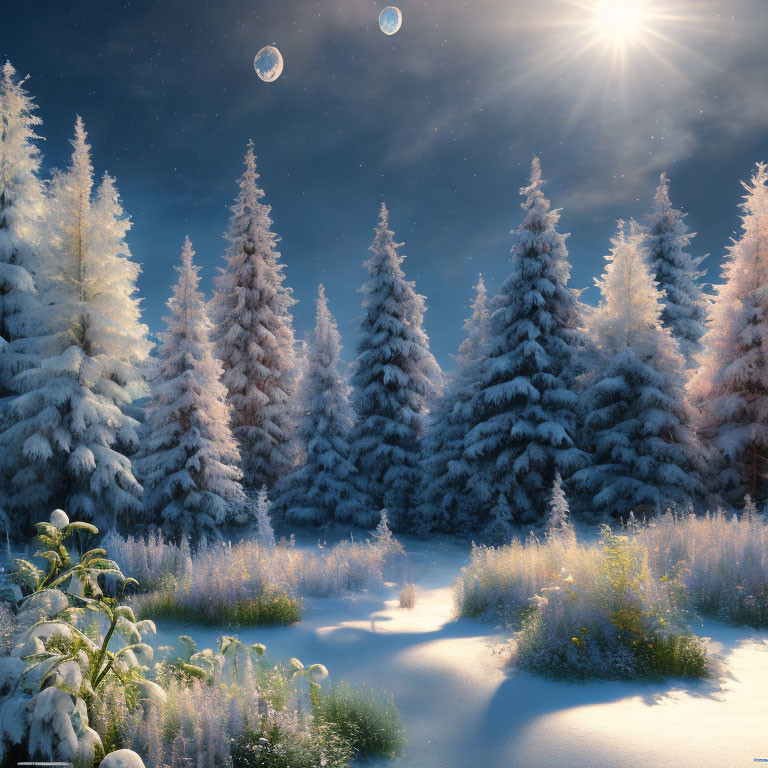 Winter scene: Snow-covered trees, bright sun, two moons, clear sky, fresh snow.