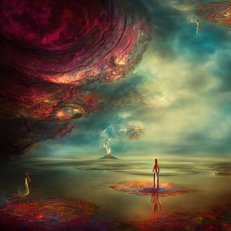 Surreal landscape with ethereal figures, vivid clouds, colorful patterns, and small smoking volcano