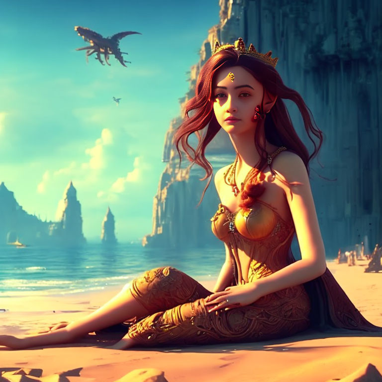 Golden-crowned princess on beach with dragons and castle in the distance
