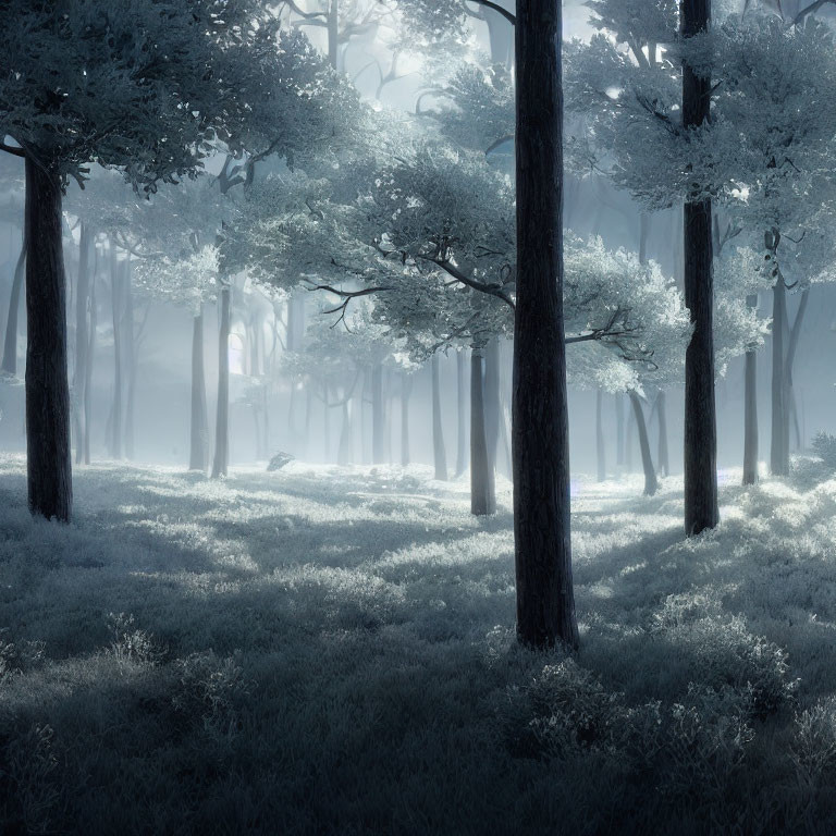 Tranquil forest scene with sunlight filtering through mist