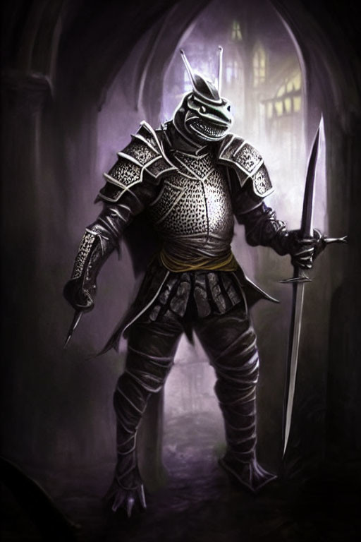 Anthropomorphic armored frog knight with sword in gothic corridor