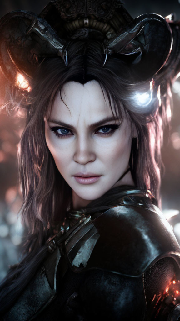 Intense blue-eyed woman in horned armor against dark background