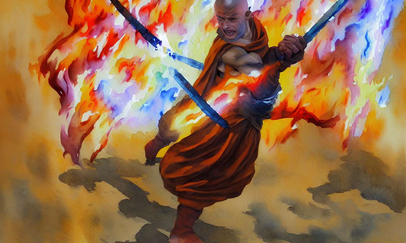 Monk with staff in front of fiery backdrop