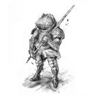 Detailed Black-and-White Knight Illustration with Sword in Armor