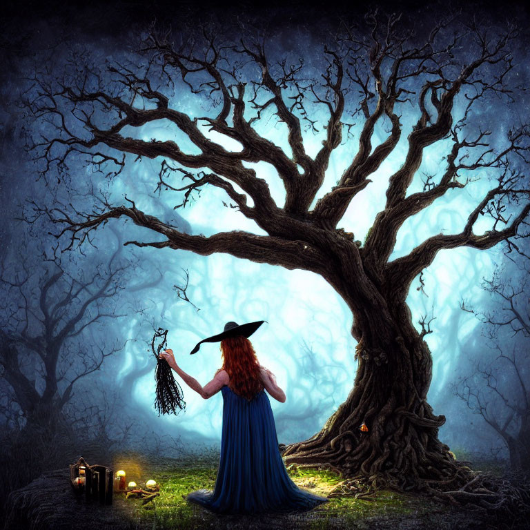 Woman in Blue Dress with Witch's Hat in Mystical Forest