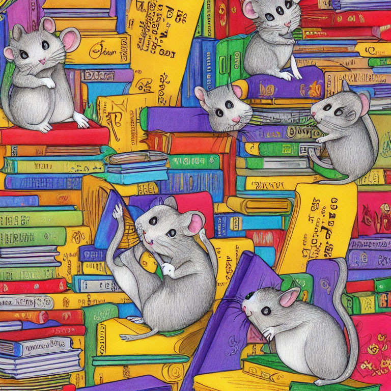 Five cute mice in colorful book stack scene.