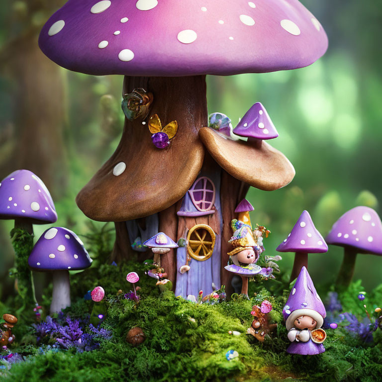 Whimsical mushroom house with gnome-like figures in a magical garden